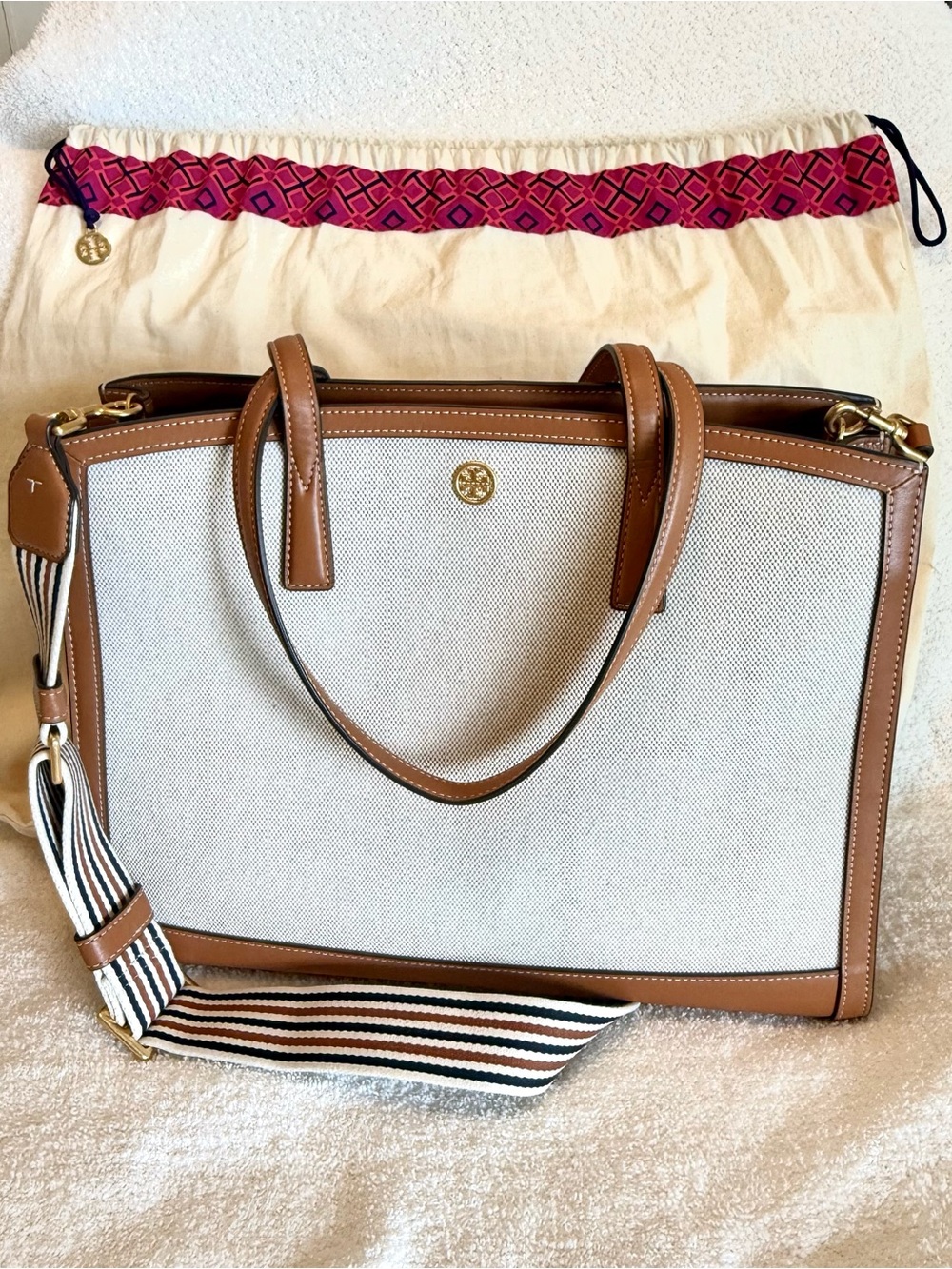 Tory Burch Full Sized Walker Canvas Satchel. Leather Trim & Extra Strap - Picture 15 of 15